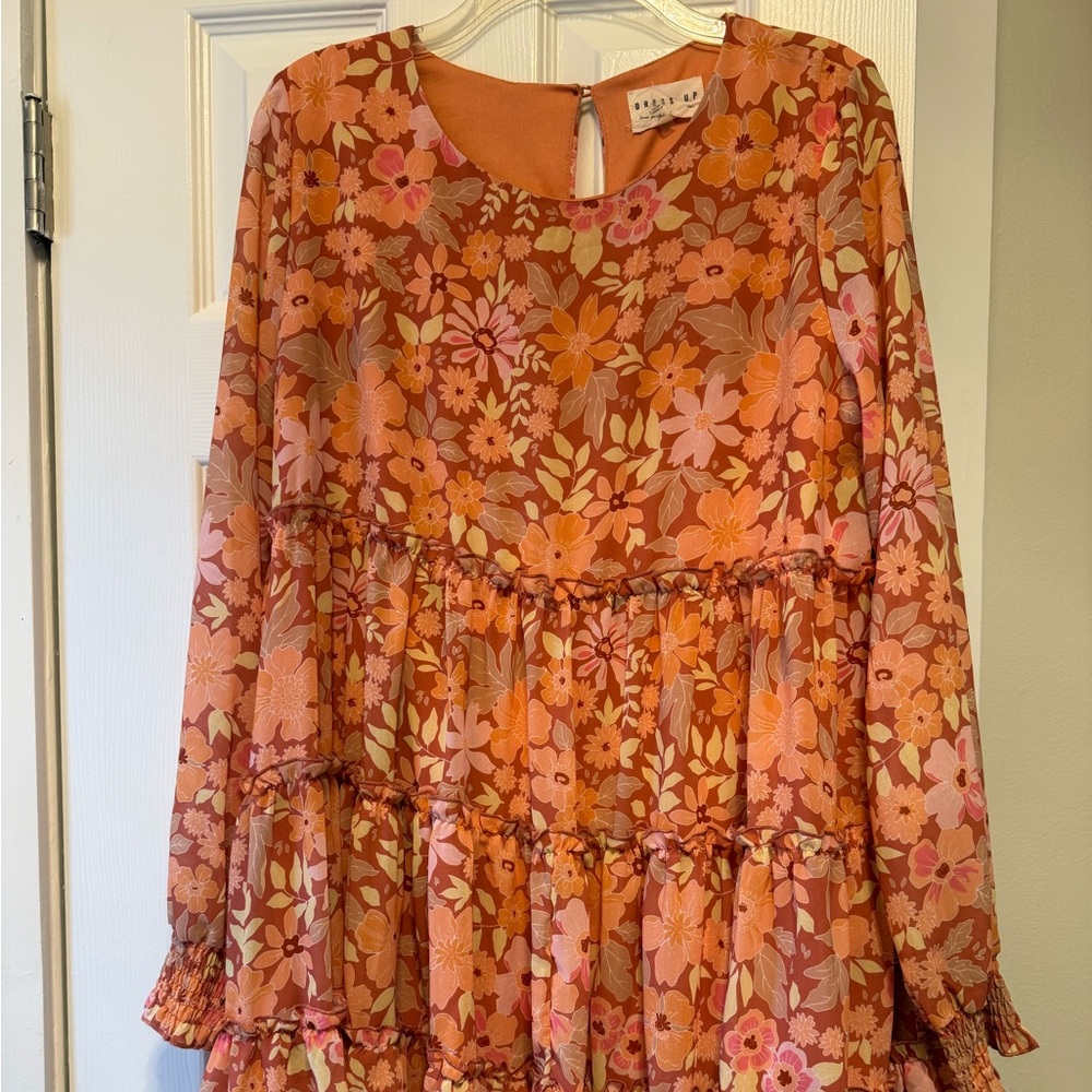 Dress Up Women’s Coral Peach Floral Long Sleeve Ruffle Tiered Dress Sz Large EC1